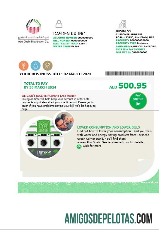 Para baixar modelo de conta de serviços públicos dos Emirados Árabes Unidos Abu Dhabi Distribution Co. em formatos Word e PDF